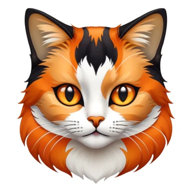 cinematic-noble-calico-cat-portrait-emoji,-poised-and-regal,-with-a-striking-patchwork-fur-in-vibrant-orange,-black,-and-white-hues premoninantly black,-delicate-whiskers-and-a-refined,-relaxed-gaze,-simplified-yet-exquisitely-detailed,-glowing sticker