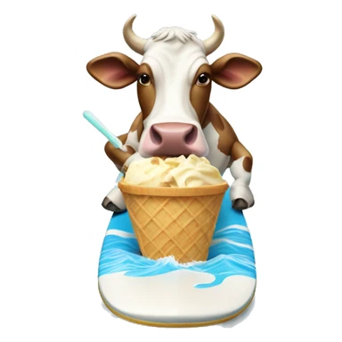 Cow on a surfboard eating an icecream sticker