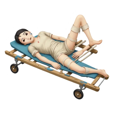 human figure, oriental appearance, full length, lying down, with injuries on an old stretcher, 1980 sticker