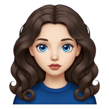girl with long, lush, lightly curled dark brown hair, big lips and blue eyes, black sweater sticker
