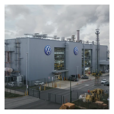 Realistic Volkswagen factory exterior, large industrial building with Volkswagen logo, parking lots filled with cars, factory grounds with machinery and equipment, realistic lighting and shadows, industrial atmosphere, workers in uniforms walking around, camouflage colors sticker