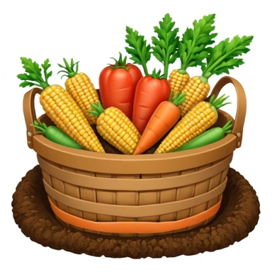 A 3D cartoon basket filled with fresh farm produce like carrots, tomatoes, and corn, placed on soil ground, soft natural lighting, Memoji-style texture. sticker