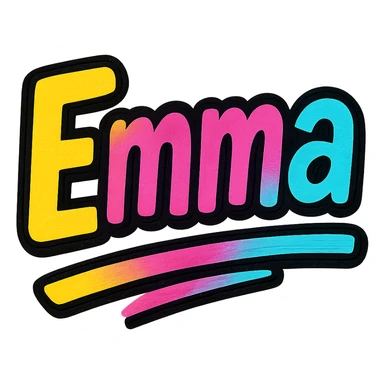 Emma name in modern colorful gradient font with dark outline, dynamic slanted or partial underline, in the style of reference patterns sticker