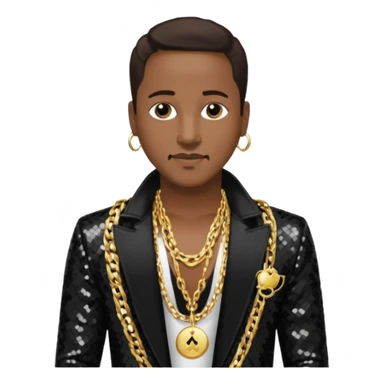 Johnny Gill with dark brown hair, black sequin jacket, shirtless with necklace sticker