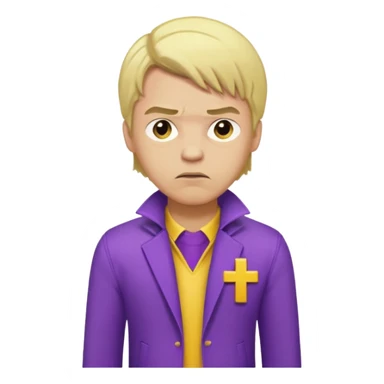 Create A Guy Wearing Light Skin Blond Hair Yellow Cross Purple Jacket Purple Pants And Mad Face sticker