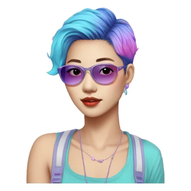 a short-haired Taiwanese lesbian as a designer with vaporwave style, without makeup, with earings, sunglasses with vaporwave image on it. sticker