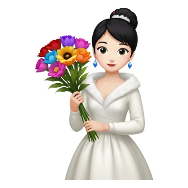 Chica blanca,cuerpo entero, vestido fiesta blanco ,manga larga ,con estola, pelo negro,    ramo de flores una mano, pelo recogido en moño alto sticker