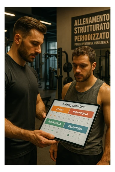 realistic cinematic photo a personal trainer and a client stand in a modern gym, reviewing a large, color-coded training calendar or chart on a tablet. The calendar shows different phases (Forza, Ipertrofia, Resistenza, Recupero) with icons and dates. Around them, gym equipment and motivational posters reinforce the idea of structured, periodized training. in italiano sticker