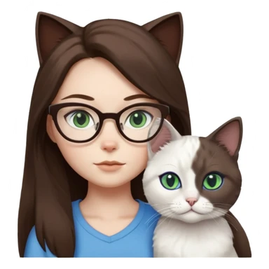 O fata cu parul saten lung ,ochii gri-albastrii ,ochelari și codițe de pisica ..și langa o pisicuță total  alba pufoasa ,cu ochii verzi și o a doua pisica siameza pufoasa cu capul maro inchis-negru și coada ,restul corpului un maro deschis spre alb  cu ochii albaștrii. sticker