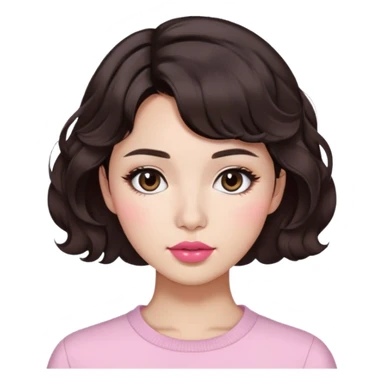woman, aesthetic Pinterest look, short wavy dark brown hair, morena skin, round nose, slightly dark pink lips, Korean haircut sticker