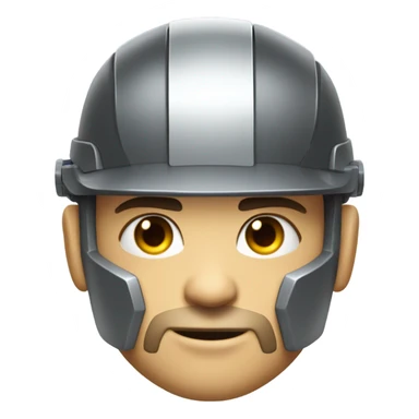 muscular cyborg robot face half human with short straight, dark hair, hardhat, and a neatly trimmed beard sticker