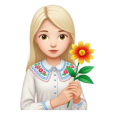 Ukrainian young girl in white embroidered shirt holding colored paper and a flower sticker