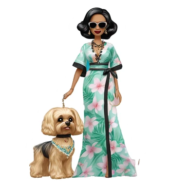 Palm Beach Breeze Barbie Wednesday Addams ,by the pool, white skin, full body visible, wavy hair,handbag, earrings,flowing floral caftan,small 2 piece, sunglasses on top,heels,holding yorkie Miss Thang sticker