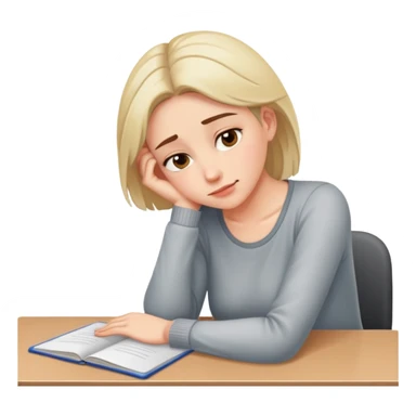 Tired woman with slight smile leaning head on one hand, elbow on desk sticker