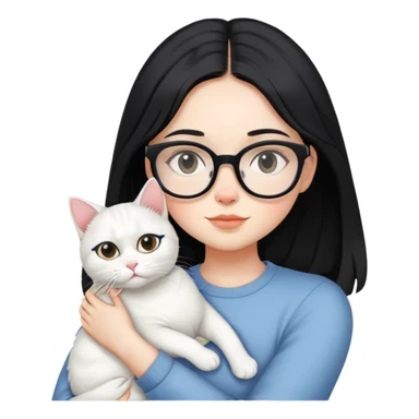 a girl with black mid length hair, clear specs and a white cat in her arms sticker