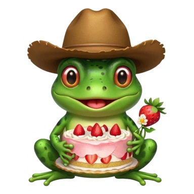 Frog with a cowboy hat on and he’s blushing and holding a strawberry cake sticker