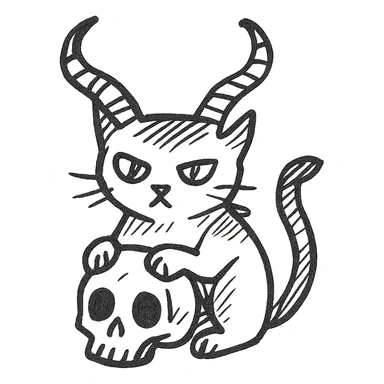 black cat with large, twisted demon horns, front paws on a human skull, hand drawn style, dynamic outlines, no fill sticker