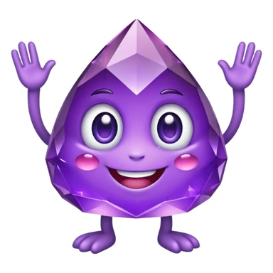 Design a cute purple crystal mascot emoji with friendly eyes, a sweet smile, tiny arms and legs. Keep it adorable and distinctly purple crystal-shaped sticker