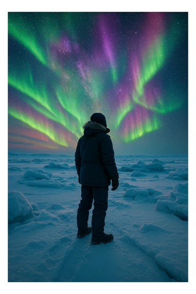 A person bundled up in winter clothes, standing on snowy Arctic ice with northern lights in the sky, vibrant colors, sense of adventure sticker