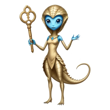 a reptilian alien woman full body, in gold dress, hold big key, blue eyes sticker