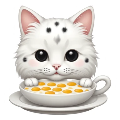  White cat with black dots eating breakfast  sticker