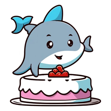 friendly shark with puckered lips kissing a decorated cake sticker