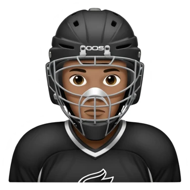 Black player of  ice hockey  who have  a goalkeeper mask which have small holes  sticker