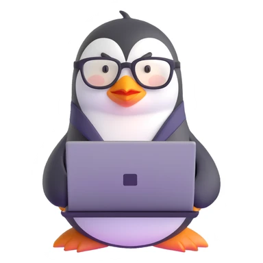 penguin programmer with laptop and code sticker