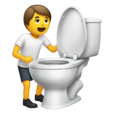 A person exiting a toilet with a chat bubble saying “skibidi!” sticker