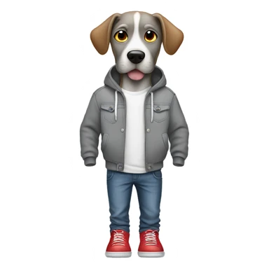 Dog,gray hoodie, jeans,hands in pockets, red shoes sticker