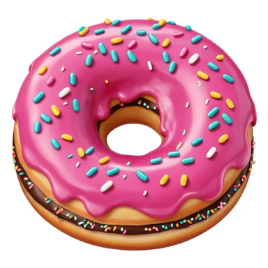 cartoon style round donut with a bite taken out, pink icing, sprinkles, playful look sticker