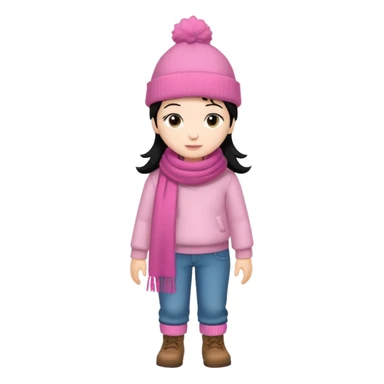 Kid wearing pink hat and scarf, black hair, full body sticker