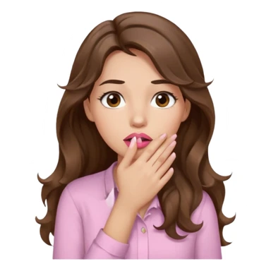 girl with wavy long brown hair, brown eyes, light to medium complexion, long lashes, light pink lipstick, wearing light pink shirt, sexy, hand covering mouth sticker