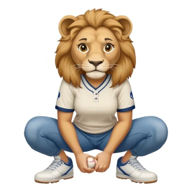 confident anthropomorphised female lion wearing a baseball shirt, jeans, trainers, squatting, empty hands sticker