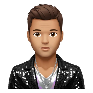 Ricky Martin with brown hair, black sequin jacket, shirtless with necklace sticker
