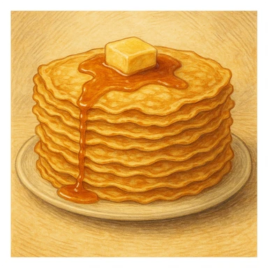 classic illustration of french crêpes, appetizing stack of thin golden brown pancakes with a pat of butter and a drizzle of syrup sticker