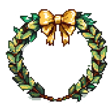 A laurel wreath made of fresh or natural-looking laurel leaves, neatly woven into a circle. The leaves are glossy, rich green, with golden veins. The wreath is adorned with a thin golden ribbon tied in a bow at the back. sticker