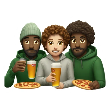 Three white college students, one wearing a ribbed green sweater,another one is artsy and wears beanies and hoodies, and the other has curly hair and beard wears a linen shirt. They are eating pizza in lower Manhattan, and drinking Stella Artois sticker