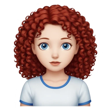 generate a young girl with dark red curly hair, blue eyes. in white top  sticker