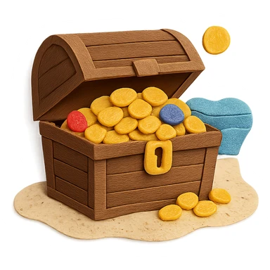 illustration of a treasure chest overflowing with gold coins and jewels on a sandy beach in paper-craft style sticker