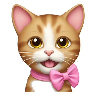 light brown kitty cat with pink bow licking milk off sticker