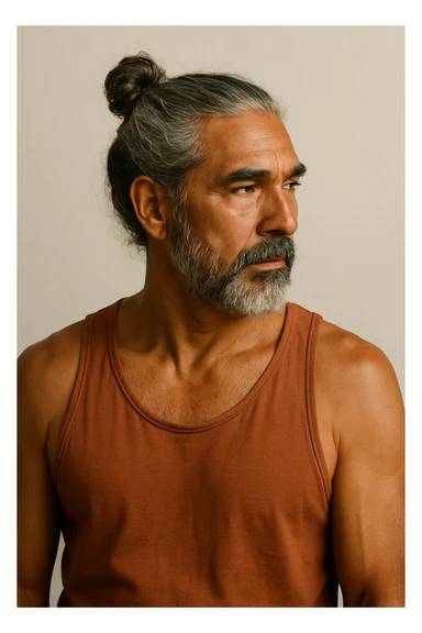 brown tanned man over 40 with long grey hair in a bun, looking to the side, upper body, plain background sticker