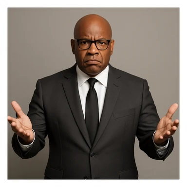 Сгенерируй мне афроамериканца в пиджаке, лысого, в очках, он выглядит солидно. Строго в анфас. Его лицо чуточку недовольно, а руками он размахивает и разводит в сторону. На однородном фоне. sticker