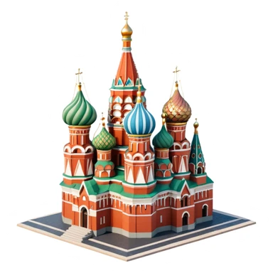 Isometric illustration of Moscow, featuring photorealistic Saint Basil's Cathedral with colorful onion domes, hand-drawn painterly details, subtle texture on bricks and roofs, realistic shadows and soft lighting, muted yet vivid color palette, diorama miniature effect. sticker