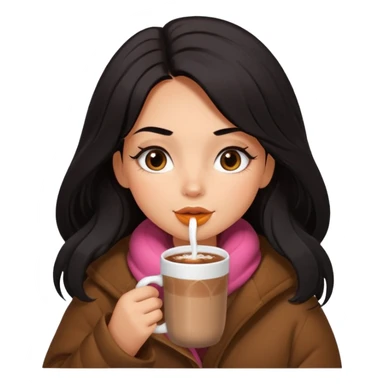 anned Girl with lashes , bright black long hair, in an extremely big fluffy brown oversized jacket, and drinking hot chocolate drink sticker