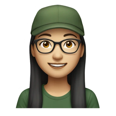 Hyper realistic, look from side, asian adult woman, light white skin, smiling with teeth, black eyes, spotted frame glasses, long brown straight hair with highlighted strands, black T-shirt, dark green cap. sticker