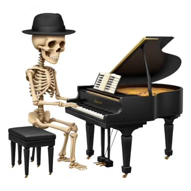 a human skeleton in anatomical proportion wears a black hat and plays the piano sticker