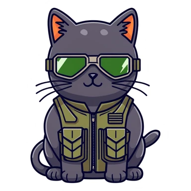 black cat with a military tactical vest in night vision goggles, ￼￼ sticker
