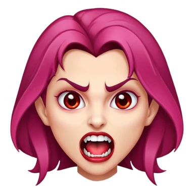 Uma vampira, com a boca aberta mostrando os caninos afiados. Olhos castanhos, cabelo com mechas vermelhas quase rosa. Rosto oval, tom de pele parda. sticker