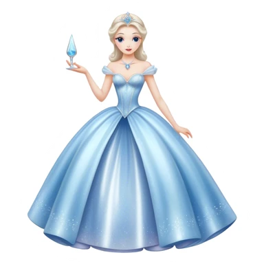 Cinematic Realistic Cinderella Portrait, depicted with lifelike skin texture, subtle rosy undertones, and soft natural lighting that enhances the gentle contours of her face. Her intricately detailed golden blonde hair is elegantly styled in an updo, with delicate wisps framing her face. Her deep, expressive blue eyes radiate warmth and sincerity, reflecting a quiet resilience and grace. She holds a glass slipper gently in one hand, her other hand resting gracefully at her side, emphasizing the timeless beauty of the moment. She is dressed in her iconic ball gown, the fabric shimmering with intricate embroidery and fine translucent layers that catch the light beautifully. The soft sheen of satin gloves adds a magical touch to her graceful pose. The portrait features an enchanting glow with a natural, luminous finish, seamlessly blending realism and fairytale charm to evoke a sense of depth, elegance, and timeless beauty. sticker